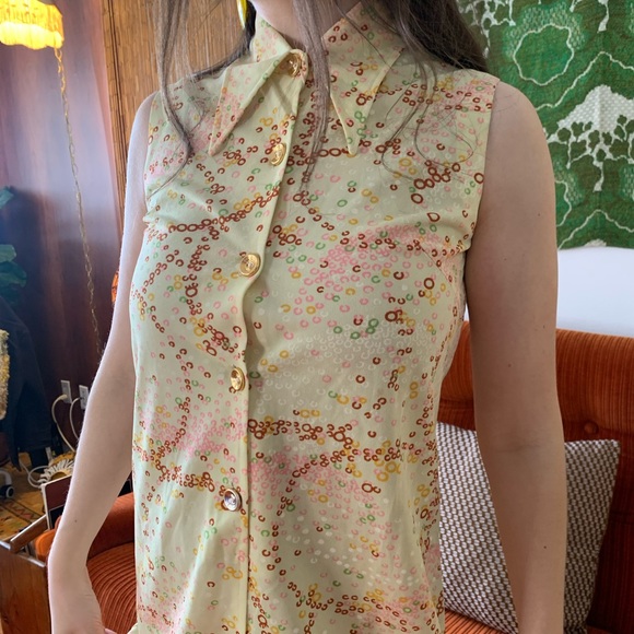 70s Op Art Dagger Collar Shift Dress, M - Picture 3 of 5